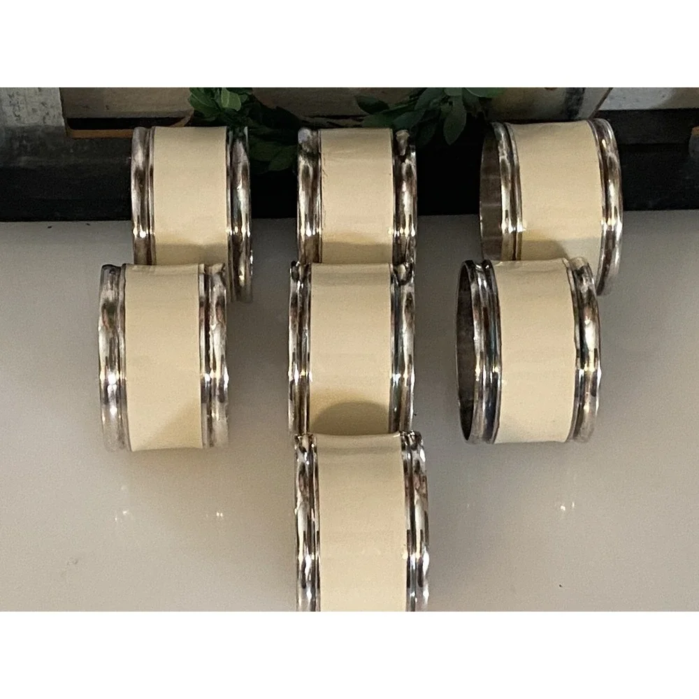 Vintage‎ Set Of 7 Silver Plated And Beige Enamel Napkin Rings Great Quality MCM